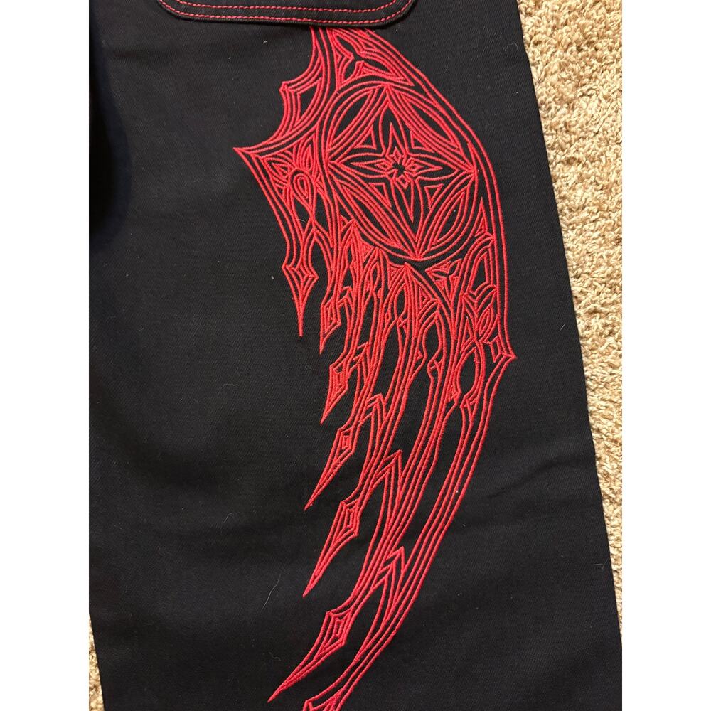 NWT Y2K Affliction Wide Leg Wings Black Red Baggy Jeans Mens Size 31 MSRP $128 - Picture 12 of 15